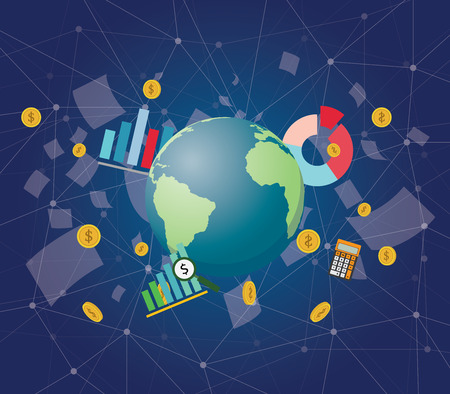 global economy with planet earth world money graph and paper document vector graphic illustrationのイラスト素材