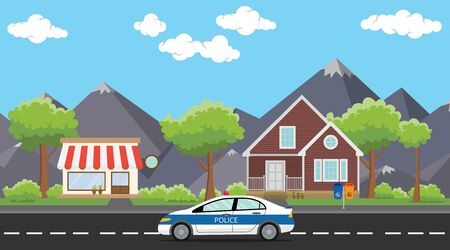 police patrol on city with car on the way public house or home vector graphic illustrationのイラスト素材