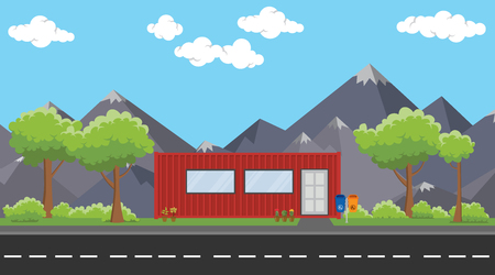 container house concept on side of the road with trees and mountain as background vector graphic illustrationのイラスト素材