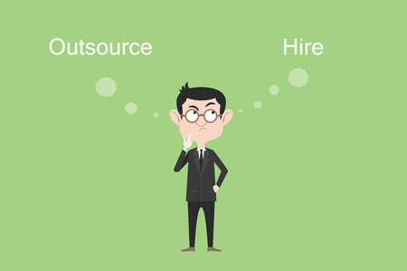 outsource or hire concept businessman confuse and think vector graphic illustrationのイラスト素材