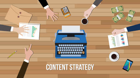 content strategy concept team work together with paper document chart with type machine on wooden table vector graphic illustrationのイラスト素材