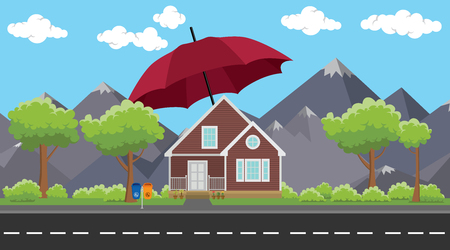 house insurance sign or symbol protection with umbrella and mountain as background vector graphic illustrationのイラスト素材