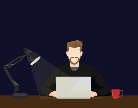 people working on front of laptop until late night with a cup of drink coffee and desk lamp vector graphic illustrationのイラスト素材