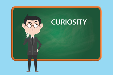 curiosity concept illustration with business man think or curious about something with board as background vectorのイラスト素材