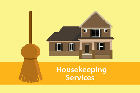 house keeping services illustration concept poster with broom and home vector graphic illustrationのイラスト素材