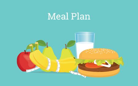 meal plan illustration with milk, fruits and burger on a tableのイラスト素材