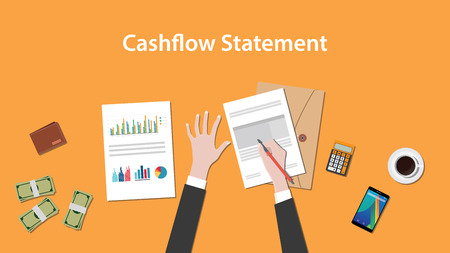 write and count cashflow statement on a paperworks with calculator, money and coffee on top of tableのイラスト素材