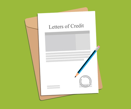 illustration for letters of credit agreement stamped and completed with folder document on top of tableのイラスト素材