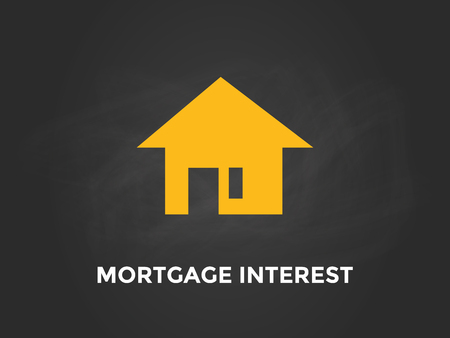 Mortgage interest white text illustration with yellow silhouette of a house and black backgroundのイラスト素材