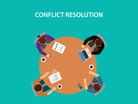 Conflict resolution illustration with four people discuss on table.のイラスト素材