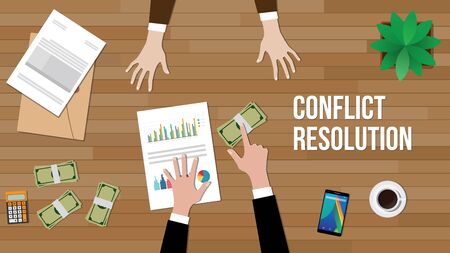 conflict resolution concept illustration with two people discuss and money, paperworks, folder document and vase on top of tableのイラスト素材