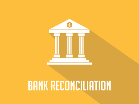 Bank reconciliation white text with bank office building illustration and orange backgroundのイラスト素材
