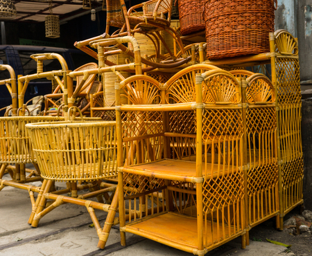 bamboo rotan rattan handmade traditional object handicrafts stack in lenteng agung jakarta indonesiaの写真素材