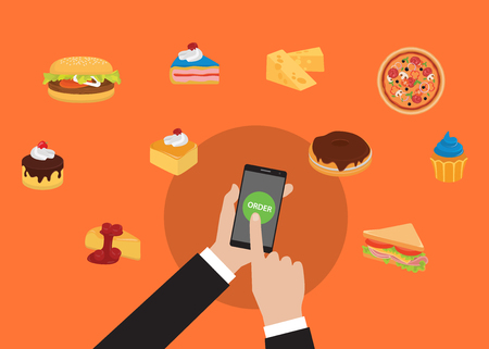 Order online food using smarpthone with hand holding and tap order food vectorのイラスト素材