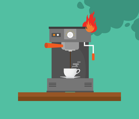 Broken coffee machine with smoke and fire vectorのイラスト素材