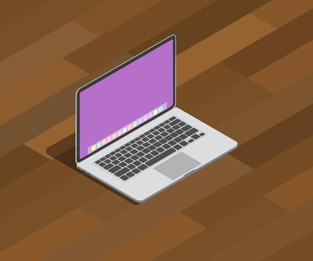 Isometric laptop notebook 3d style on top of wooden table with shadow.のイラスト素材