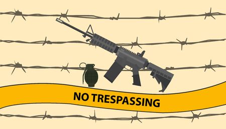 No trespassing restricted area with riffle gun bomb grenade and barbed wireのイラスト素材