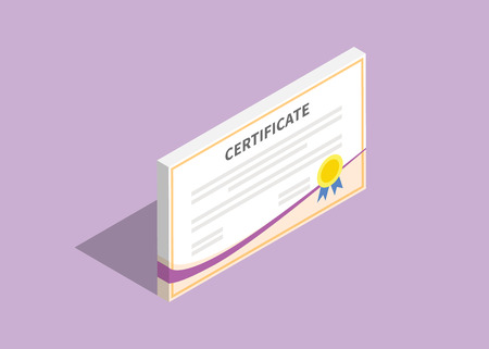 3d isometric certificate flat with violet backgroundのイラスト素材