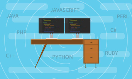 popular programming languange in 2018 with screen code script and working deskのイラスト素材