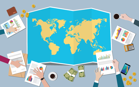 the worlds economy country growth nation team discuss with fold maps view from top vector illustrationのイラスト素材
