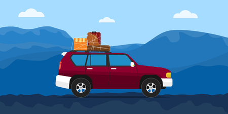 truck house moving on the road with blue mountain as background vector graphic illustrationのイラスト素材