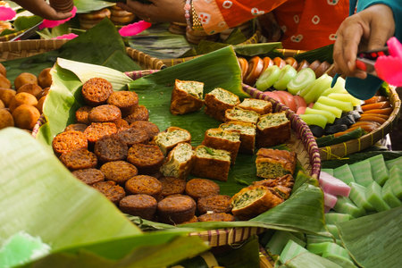 martabak served in banana leaf in traditional market food from central java indonesia