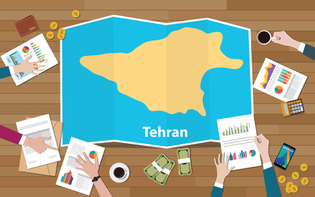tehran iran capital city region economy growth with team discuss on fold maps view from top vector illustrationのイラスト素材