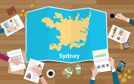 sydney australia capital city region economy growth with team discuss on fold maps view from top vector illustrationのイラスト素材