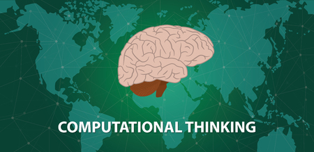 computational thinking concept with human head brain on top of world map with cyberspace world map background - vector illustrationのイラスト素材