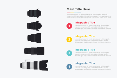 various camera lens set collection with some point title description for information template - vector illustrationのイラスト素材