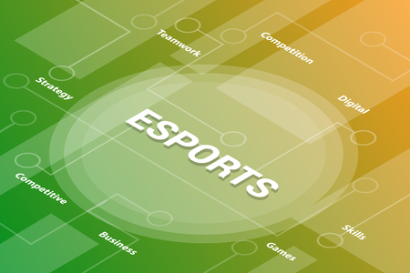 e-sports words isometric 3d word text concept with some related text and dot connected - vector illustrationのイラスト素材