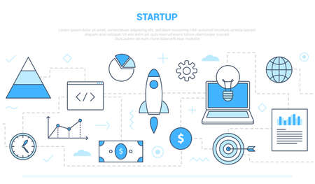 startup business concept with various icon line like rocket business and investment with modern line styleのイラスト素材