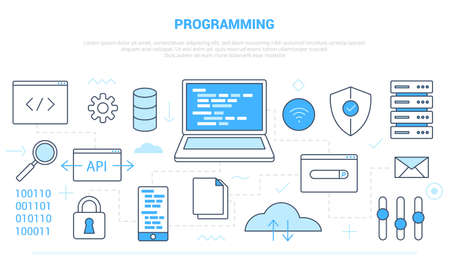 Programming code software development campaign for website homepage template landing page banner with outline icon styleのイラスト素材