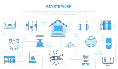 remote work with icon set template banner with modern blue color style vector illustrationのイラスト素材