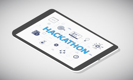 hackathon technology concept on tablet screen with isometric 3d style vector illustrationのイラスト素材