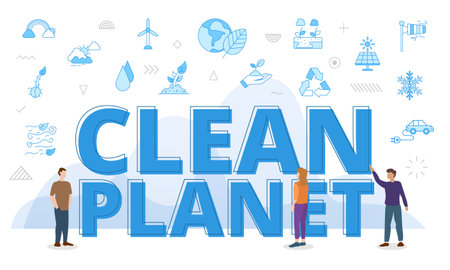 clean planet concept with big words and people surrounded by related icon spreading with modern blue...