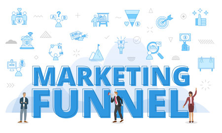 marketing funnel concept with big words and people surrounded by related icon with blue color style vectorのイラスト素材