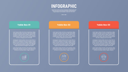 3 point stage or step infographic template with table box container with outline style for slide...