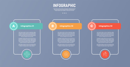 3 point stage or step infographic template with table box container outline style and circle header badge for slide presentation vectorのイラスト素材