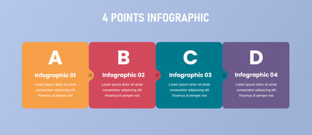 4 point stage or step infographic template with horizontal box and small arrow for slide...