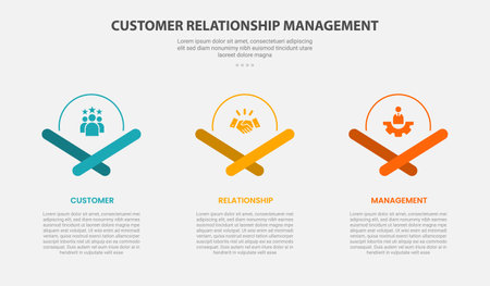 CRM customer relationship management infographic outline style with 3 point template with half circle and creative x footer for slide presentation vectorのイラスト素材
