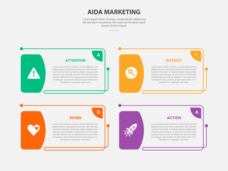 AIDA marketing infographic outline style with 4 point template with creative rectangle box with half edge badge for slide presentation vectorのイラスト素材