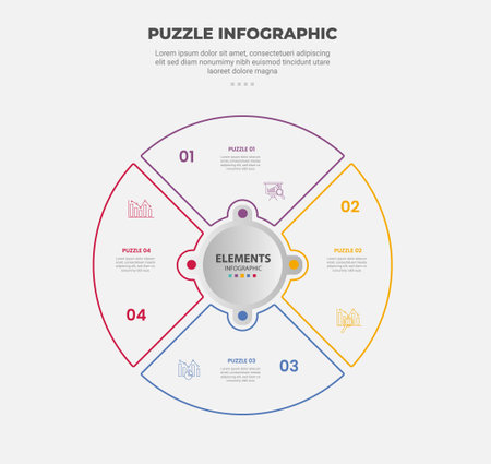 puzzle infographic outline style with 4 point template with big circle pie chart with circle center and dot connection for slide presentation vectorのイラスト素材