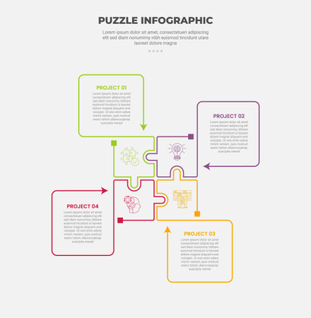 puzzle infographic outline style with 4 point template with square base shape matrix and expanding arrow line box for slide presentation vectorのイラスト素材