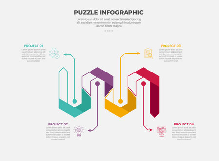 puzzle infographic outline style with 4 point template with creative shape ribbon flipped up and down for slide presentation vectorのイラスト素材