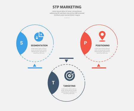 STP marketing infographic outline style with 3 point template with big circle with badge on side with triangle structure for slide presentation vectorのイラスト素材