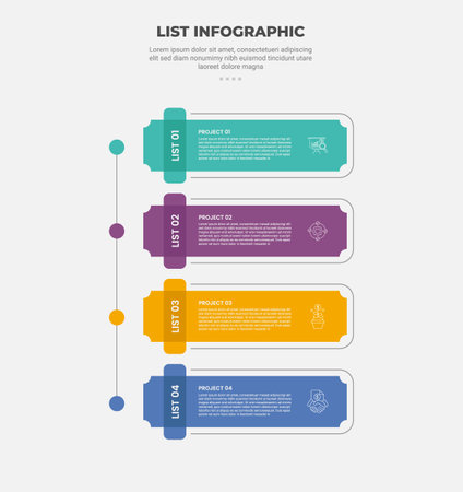list vertical stacked process infographic outline style with 4 point template with round rectangle container with vertical badge for slide presentation vectorのイラスト素材
