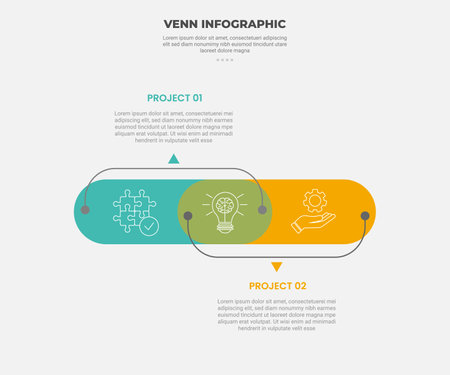 venn diagram infographic outline style with 2 point template with big round rectangle slice opposite direction with dot line connection for slide presentation vectorのイラスト素材