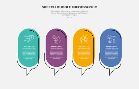 speech bubble shape infographic outline style with 4 point template with vertical capsule with callout sign on bottom for slide presentation vectorのイラスト素材