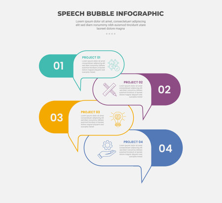speech bubble shape infographic outline style with 4 point template with stacked discussion box opposite direction for slide presentation vectorのイラスト素材